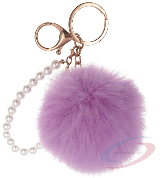 iAccessories Faux Fur Pompom with Pearls Keychain Charm - Purple for Girls' Bags, Cars, Scooty, Bike, Home Keys - iAccessories