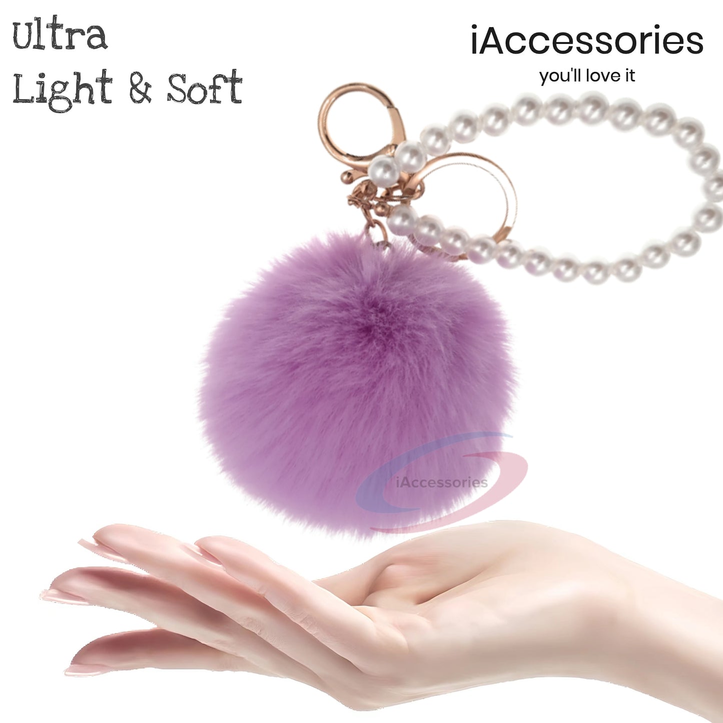 iAccessories Faux Fur Pompom with Pearls Keychain Charm - Purple for Girls' Bags, Cars, Scooty, Bike, Home Keys - iAccessories