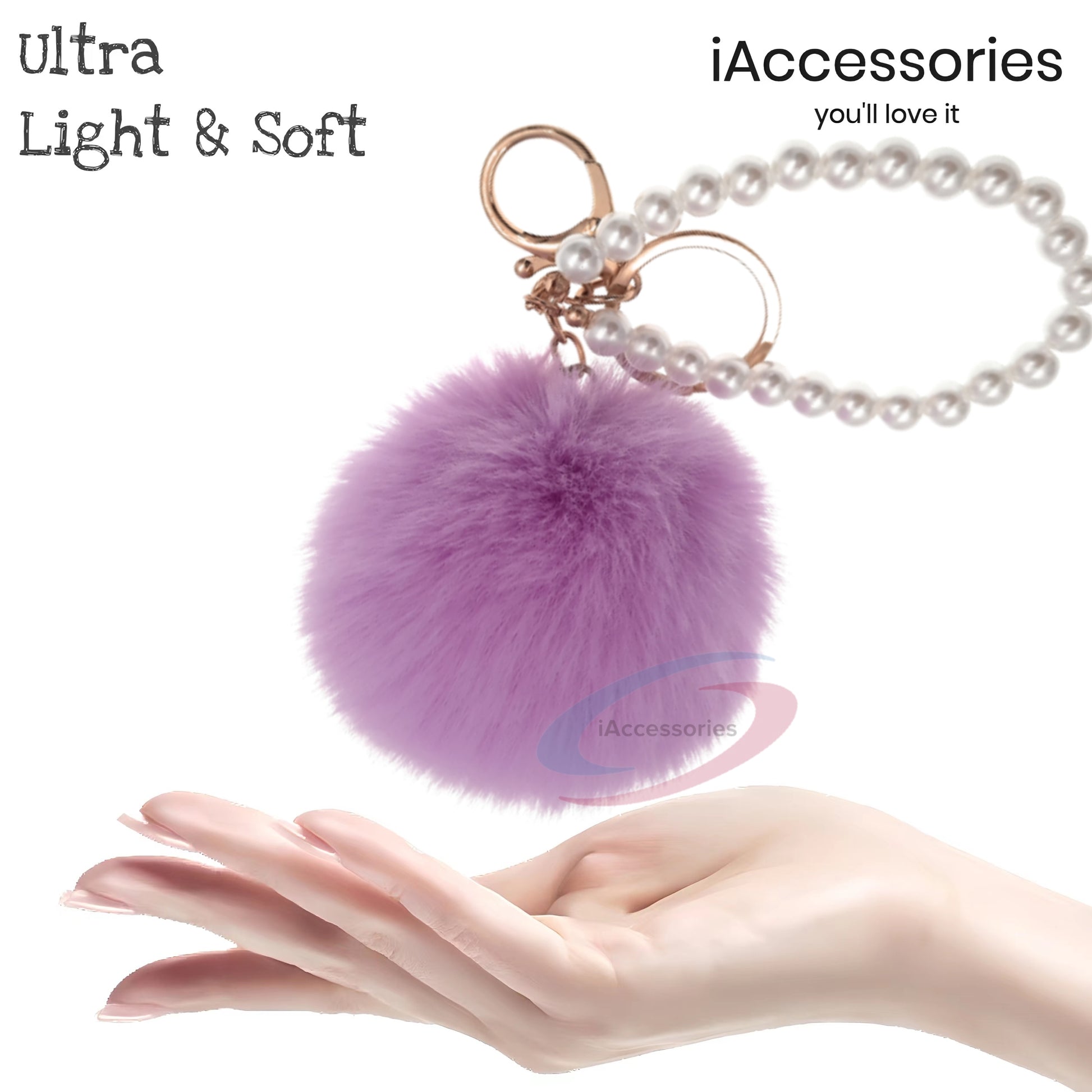 iAccessories Faux Fur Pompom with Pearls Keychain Charm - Purple for Girls' Bags, Cars, Scooty, Bike, Home Keys - iAccessories