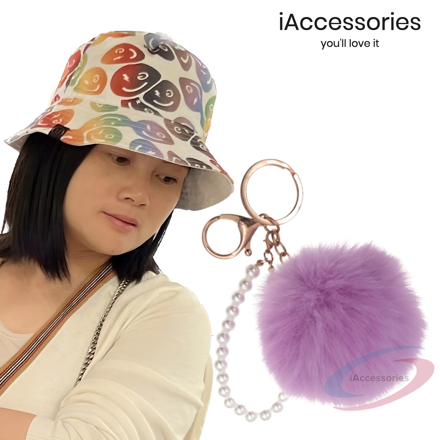 iAccessories Faux Fur Pompom with Pearls Keychain Charm - Purple for Girls' Bags, Cars, Scooty, Bike, Home Keys - iAccessories