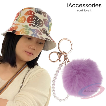 iAccessories Faux Fur Pompom with Pearls Keychain Charm - Purple for Girls' Bags, Cars, Scooty, Bike, Home Keys - iAccessories
