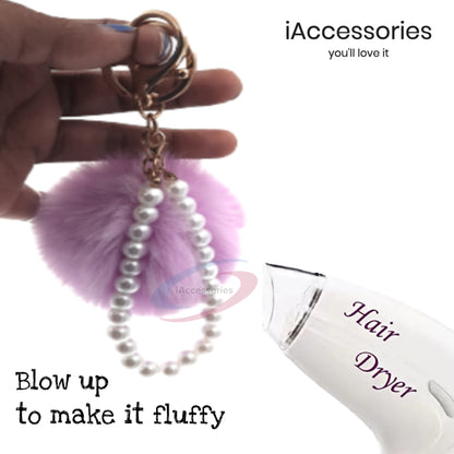 iAccessories Faux Fur Pompom with Pearls Keychain Charm - Purple for Girls' Bags, Cars, Scooty, Bike, Home Keys - iAccessories
