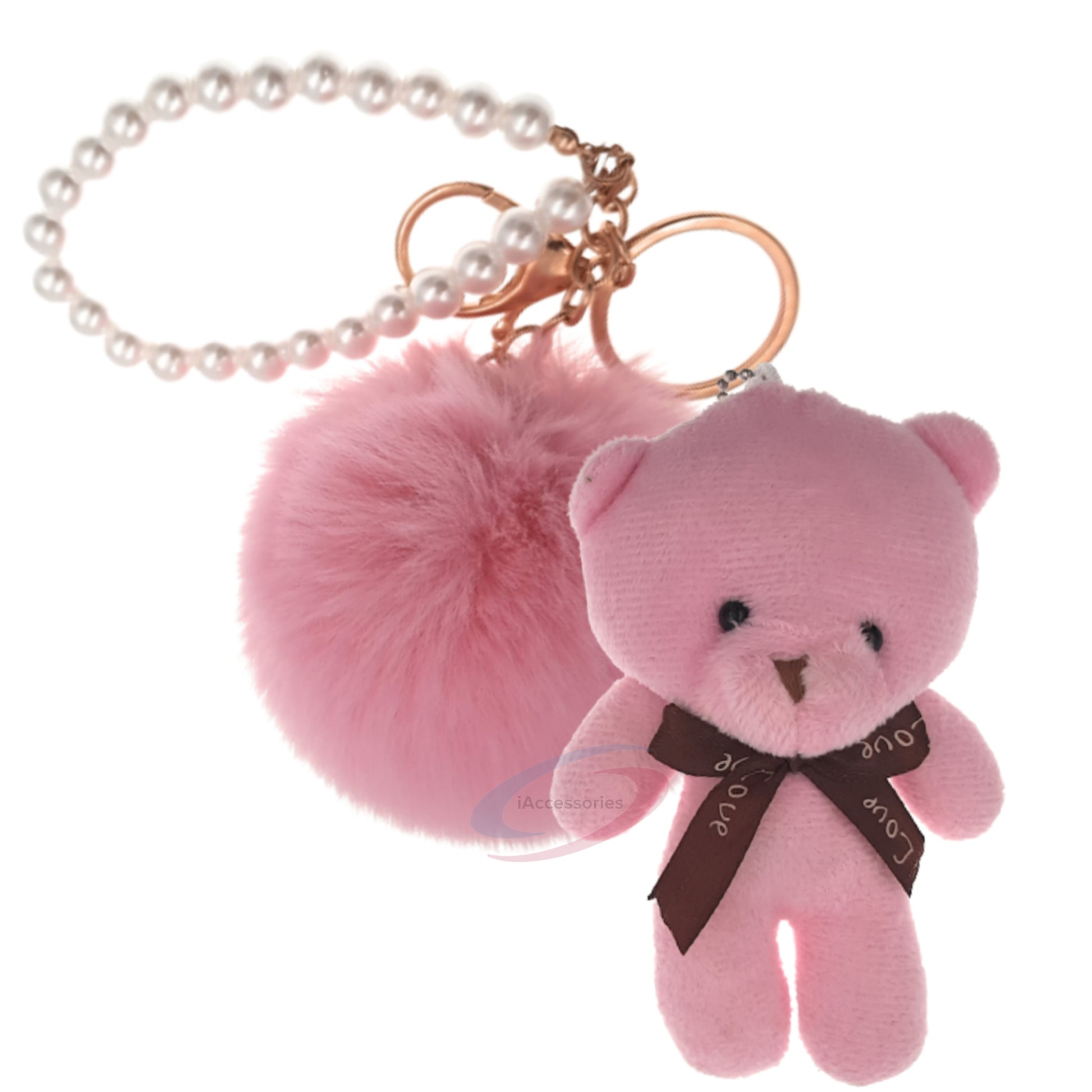 iAccessories Fluffy Faux Fur Soft Pom Pom Teddy with Pearl Chain Keychain Key Ring Charm for Girls Bags, Scooty, Bike, Car, and Home Keys (Pink) - iAccessories