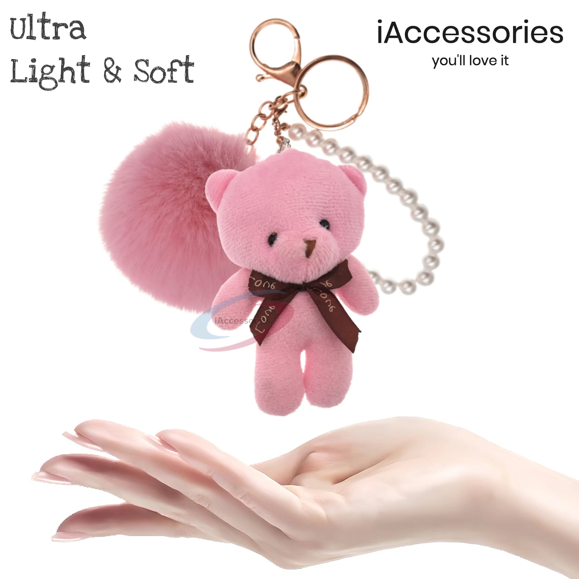 iAccessories Fluffy Faux Fur Soft Pom Pom Teddy with Pearl Chain Keychain Key Ring Charm for Girls Bags, Scooty, Bike, Car, and Home Keys (Pink) - iAccessories