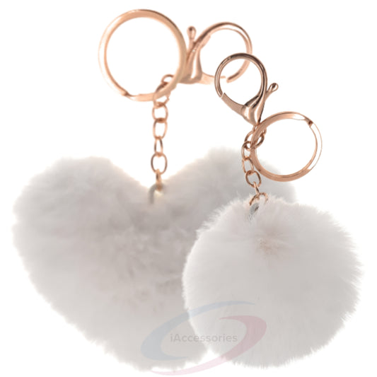 iAccessories Fluffy Faux Fur Soft Pom Pom Heart Keychain Key Ring Charm for Girls Hand Bags, Scooter, Bikes, Cars, and Home Keys - White - iAccessories
