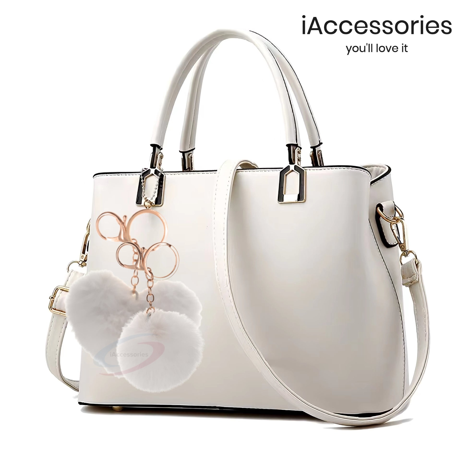 iAccessories Fluffy Faux Fur Soft Pom Pom Heart Keychain Key Ring Charm for Girls Hand Bags, Scooter, Bikes, Cars, and Home Keys - White - iAccessories