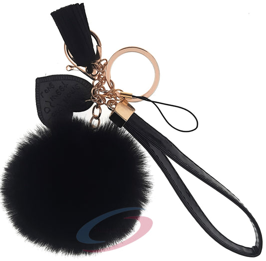 iAccessories Fluffy Soft Faux Fur Pom Pom Tassel Heart Keychain - Perfect Accessory for Girls Bags, Purses, Cars, Scooters, Bikes, and Home Keys - Black - iAccessories