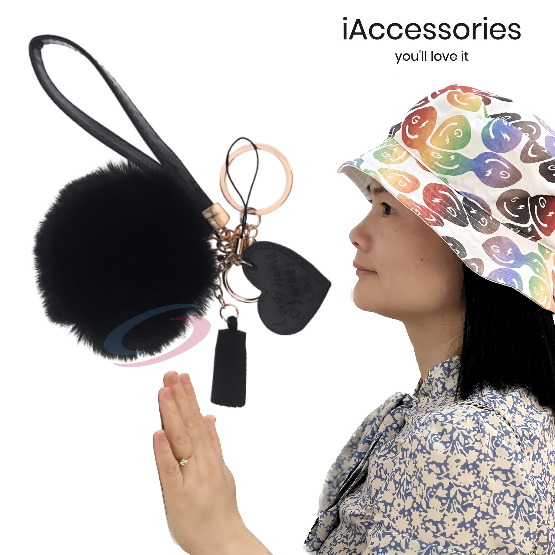 iAccessories Fluffy Soft Faux Fur Pom Pom Tassel Heart Keychain - Perfect Accessory for Girls Bags, Purses, Cars, Scooters, Bikes, and Home Keys - Black - iAccessories