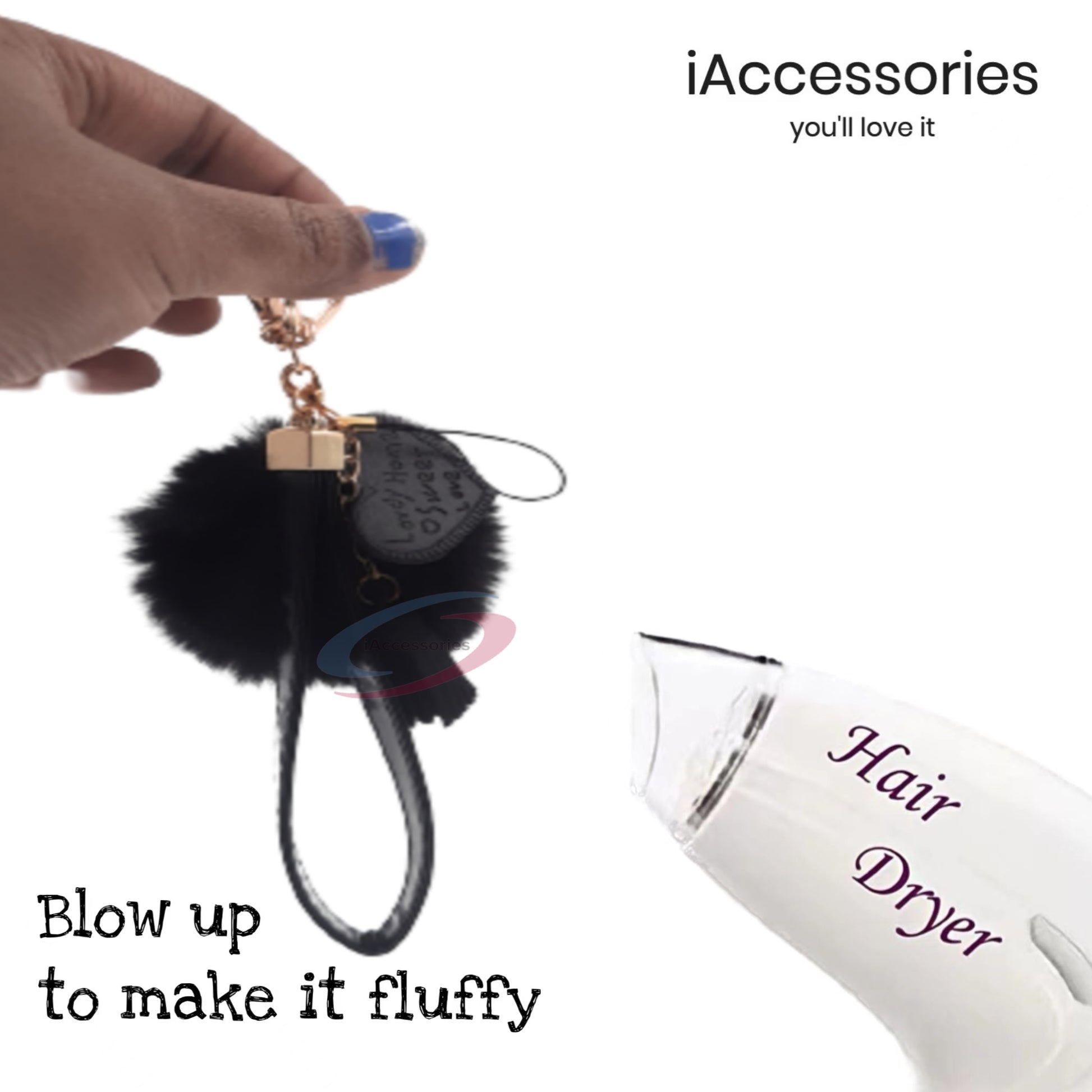 iAccessories Fluffy Soft Faux Fur Pom Pom Tassel Heart Keychain - Perfect Accessory for Girls Bags, Purses, Cars, Scooters, Bikes, and Home Keys - Black - iAccessories