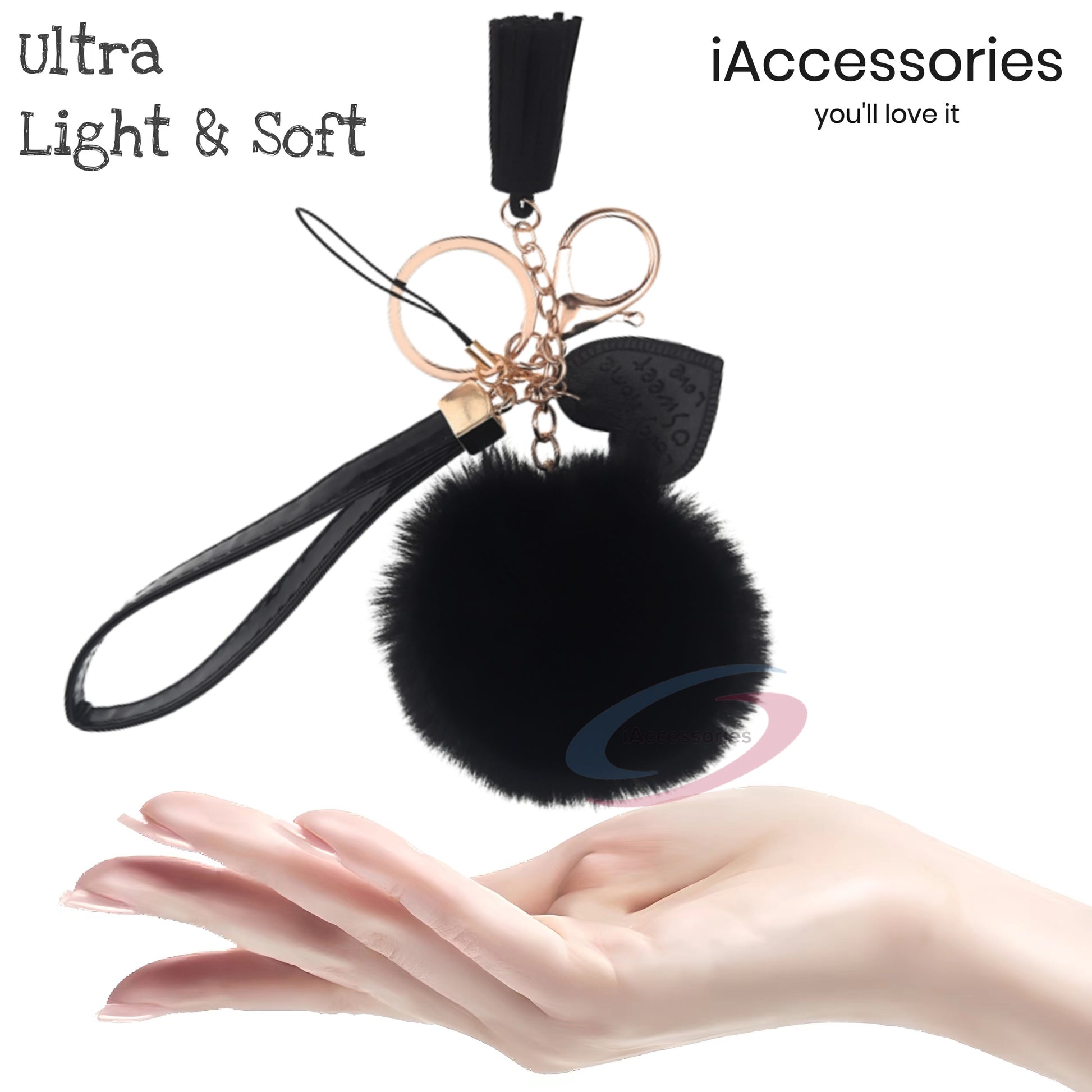 iAccessories Fluffy Soft Faux Fur Pom Pom Tassel Heart Keychain - Perfect Accessory for Girls Bags, Purses, Cars, Scooters, Bikes, and Home Keys - Black - iAccessories