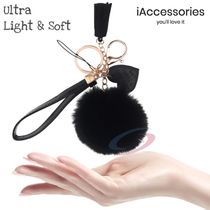 iAccessories Fluffy Soft Faux Fur Pom Pom Tassel Heart Keychain - Perfect Accessory for Girls Bags, Purses, Cars, Scooters, Bikes, and Home Keys - Black - iAccessories