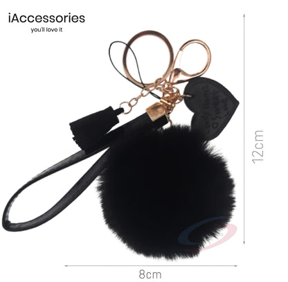 iAccessories Fluffy Soft Faux Fur Pom Pom Tassel Heart Keychain - Perfect Accessory for Girls Bags, Purses, Cars, Scooters, Bikes, and Home Keys - Black - iAccessories