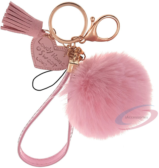 iAccessories Fluffy Soft Faux Fur Pom Pom Tassel Heart Keychain - Perfect Accessory for Girls Bags, Purses, Cars, Scooters, Bikes, and Home Keys - Pink - iAccessories