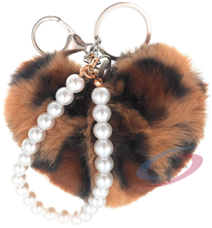 iAccessories Pearl Heart Keychain - Fluffy Faux Fur Charm for Girls' Bags, Cars, Scooters, Bikes and Keys -  Brown Leopard Print - iAccessories