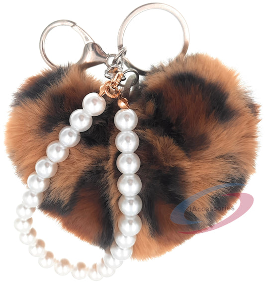 iAccessories Pearl Heart Keychain - Fluffy Faux Fur Charm for Girls' Bags, Cars, Scooters, Bikes and Keys -  Brown Leopard Print - iAccessories