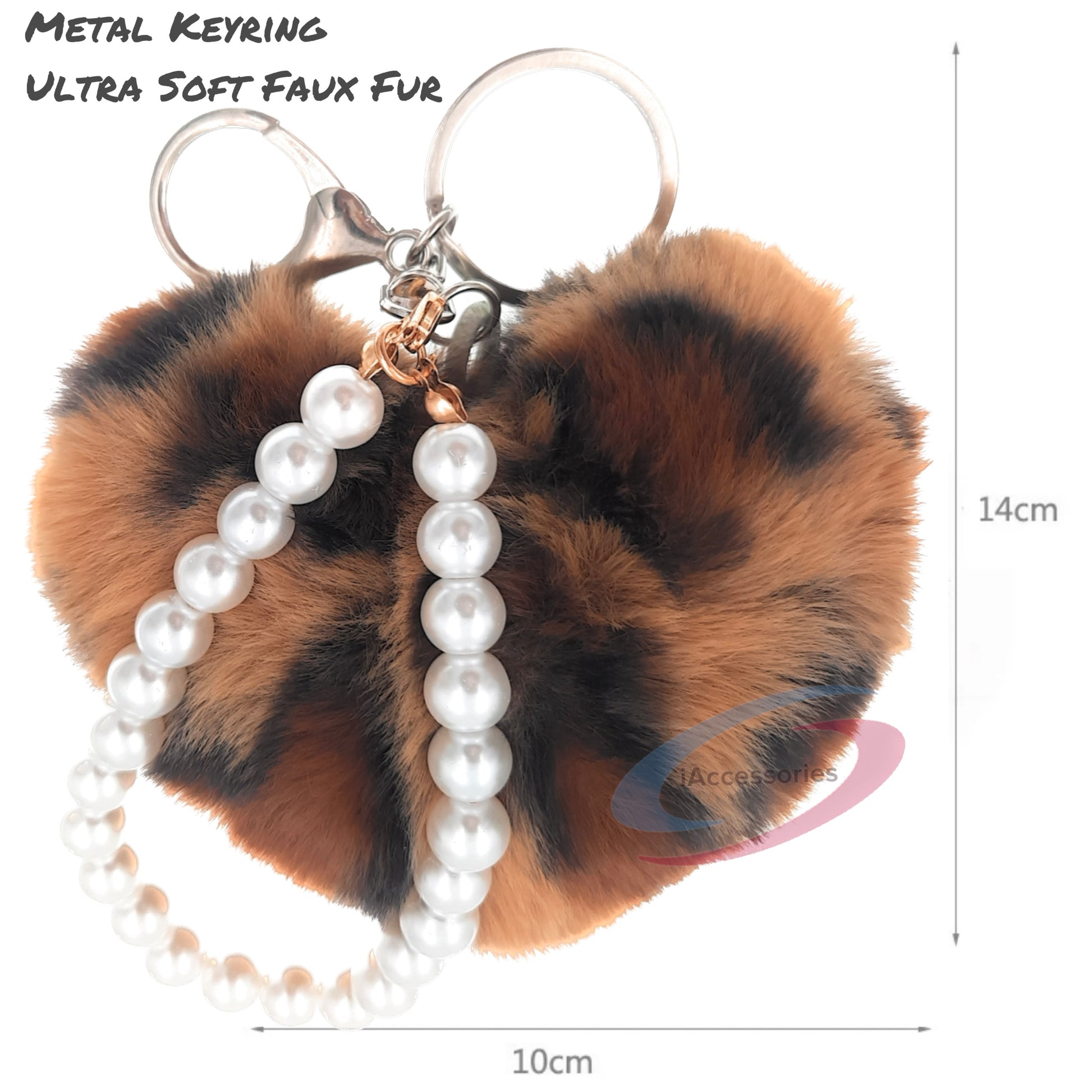 iAccessories Pearl Heart Keychain - Fluffy Faux Fur Charm for Girls' Bags, Cars, Scooters, Bikes and Keys -  Brown Leopard Print - iAccessories