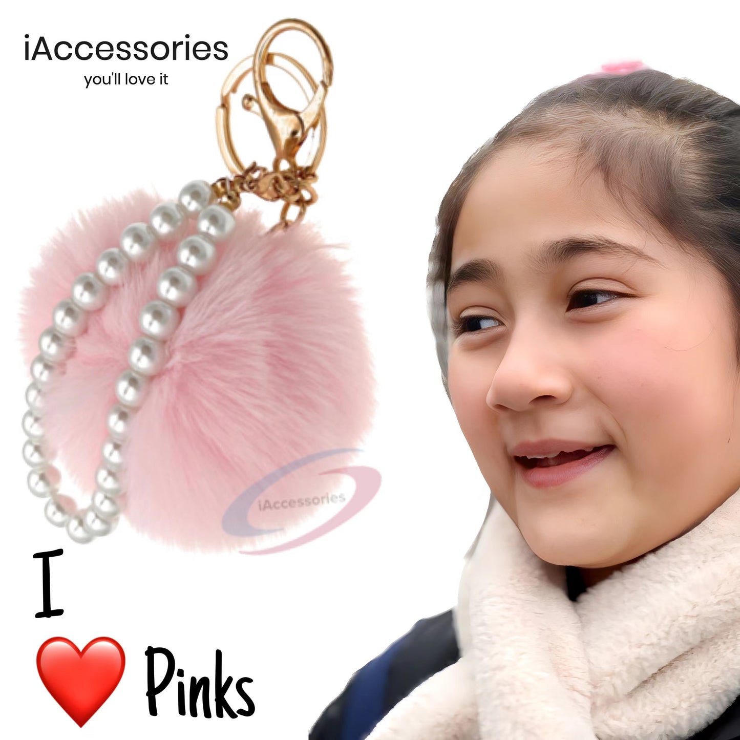 iAccessories Faux Fur Pompom with Pearls Keychain Charm - Pink for Girls' Bags, Cars, Scooty, Bike, Home Keys - iAccessories