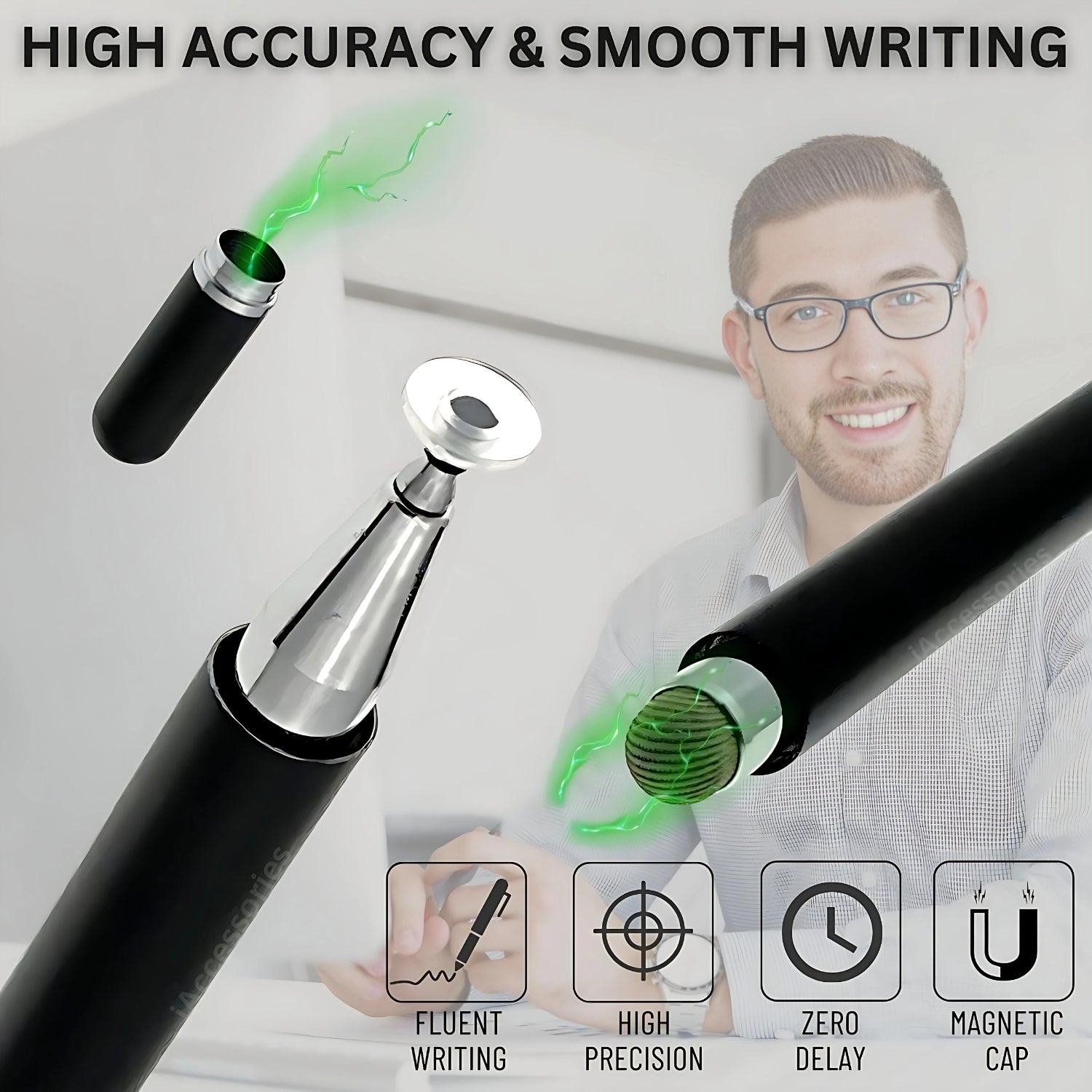 iAccessories 2 Way Magnetic Stylus Pen with Fiber & Fine Point Silicone Disc Tip - Black - iAccessories