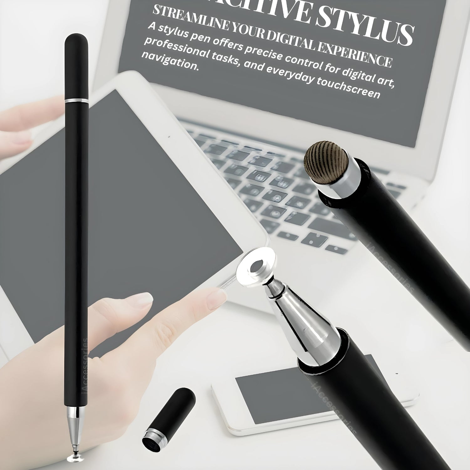 iAccessories 2 Way Magnetic Stylus Pen with Fiber & Fine Point Silicone Disc Tip - Black - iAccessories