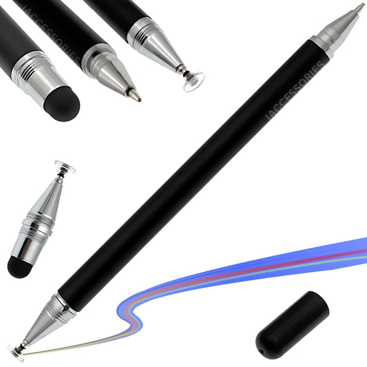iAccessories 3-in-1 Stylus Pen - Fine Point Silicon Disc Tip, Round Tip, Ballpoint Pen - Black - iAccessories