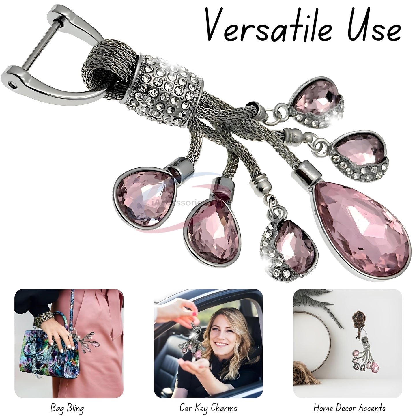 iAccessories Bling Colored Rhinestones Keychain Charm for Girls - Pink - iAccessories