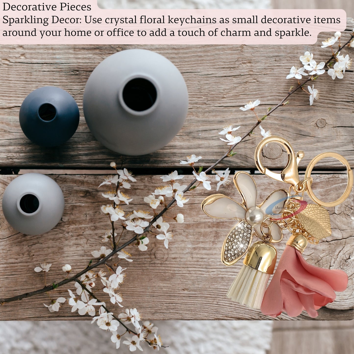 iAccessories Bling Rhinestones Flower and Tassel Elegant Keychain Charm - Pink | White - iAccessories