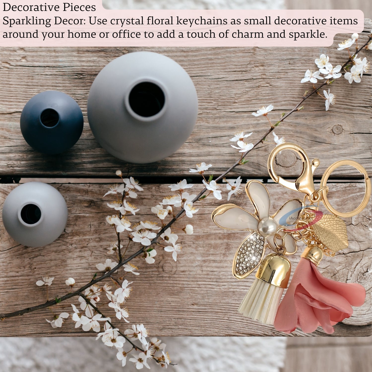 iAccessories Bling Rhinestones Flower and Tassel Elegant Keychain Charm - Pink | White - iAccessories