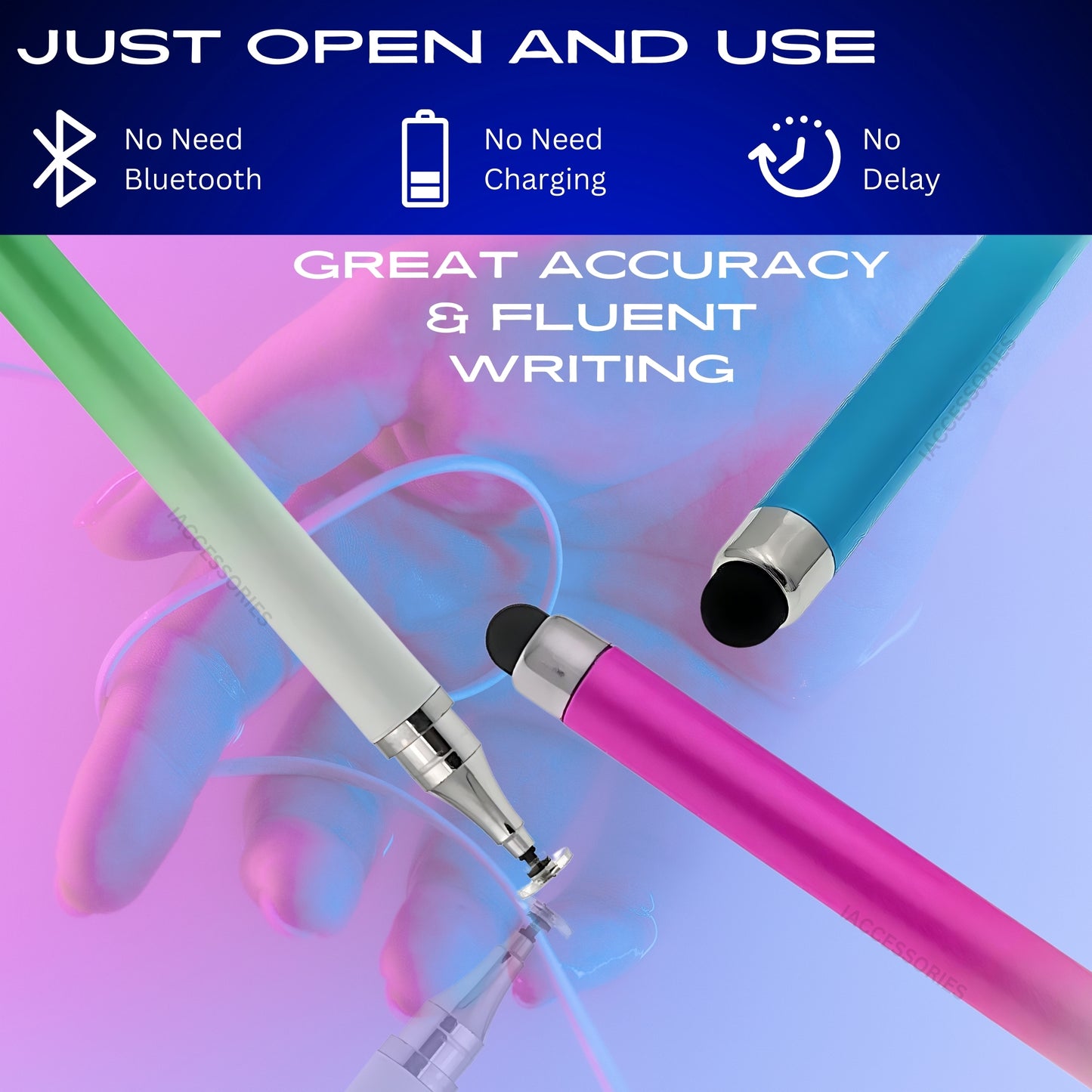 iAccessories Dual-Sided Stylus Pen for All Touch Screens - Compatible with iOS, Android Mobile Phones, Tablets - Pack of 3 (Green, Blue, Pink) - iAccessories