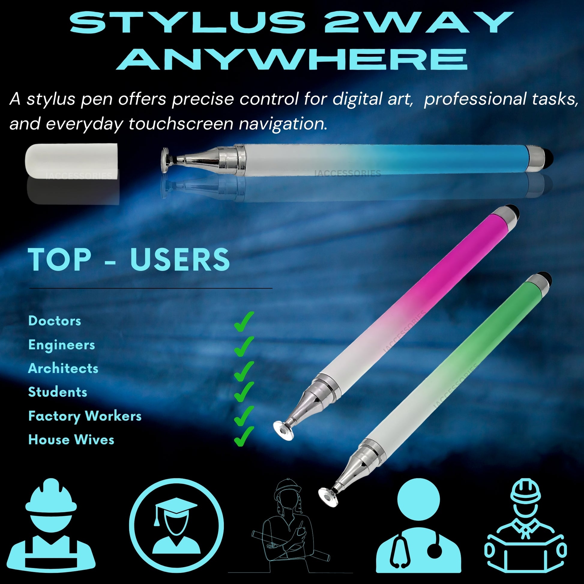 iAccessories Dual-Sided Stylus Pen for All Touch Screens - Compatible with iOS, Android Mobile Phones, Tablets - Pack of 3 (Green, Blue, Pink) - iAccessories