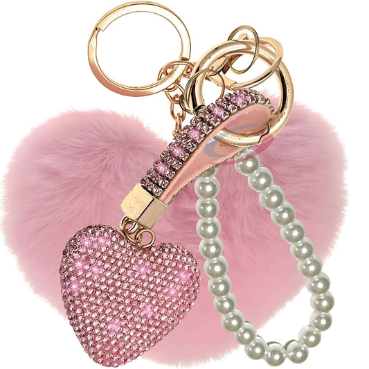 iAccessories Faux Fur Bling Heart Keychain with Pearl Pendant Charm for Girls Bags, Car, Scooty, Bike, Home Keys - Pink