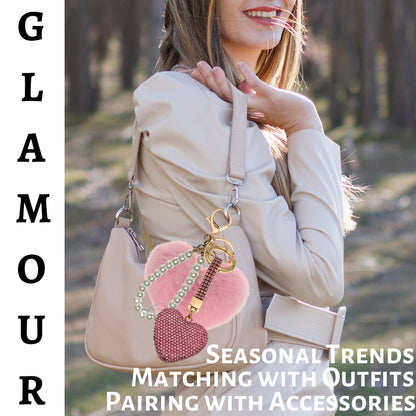 iAccessories Faux Fur Bling Heart Keychain with Pearl Pendant Charm for Girls Bags, Car, Scooty, Bike, Home Keys - Pink