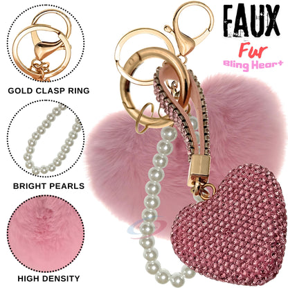 iAccessories Faux Fur Bling Heart Keychain with Pearl Pendant Charm for Girls Bags, Car, Scooty, Bike, Home Keys - Pink