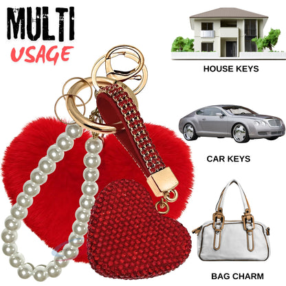 iAccessories Faux Fur Bling Heart Keychain with Pearl Pendant Charm for Girls Bags, Car, Scooty, Bike, Home Keys - Red