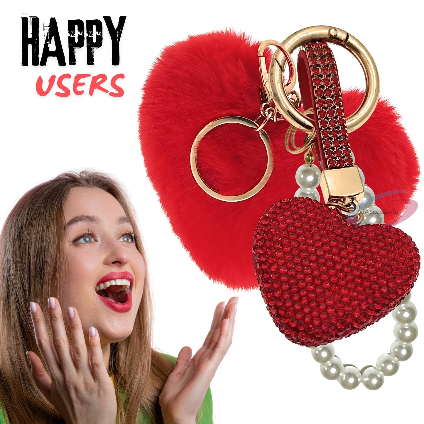 iAccessories Faux Fur Bling Heart Keychain with Pearl Pendant Charm for Girls Bags, Car, Scooty, Bike, Home Keys - Red