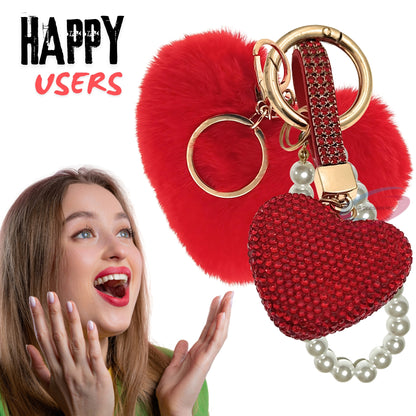 iAccessories Faux Fur Bling Heart Keychain with Pearl Pendant Charm for Girls Bags, Car, Scooty, Bike, Home Keys - Red