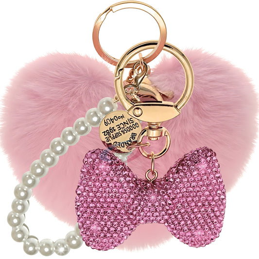 iAccessories Faux Fur Heart & Rhinestone Bow Keychain – Pink Edition - iAccessories