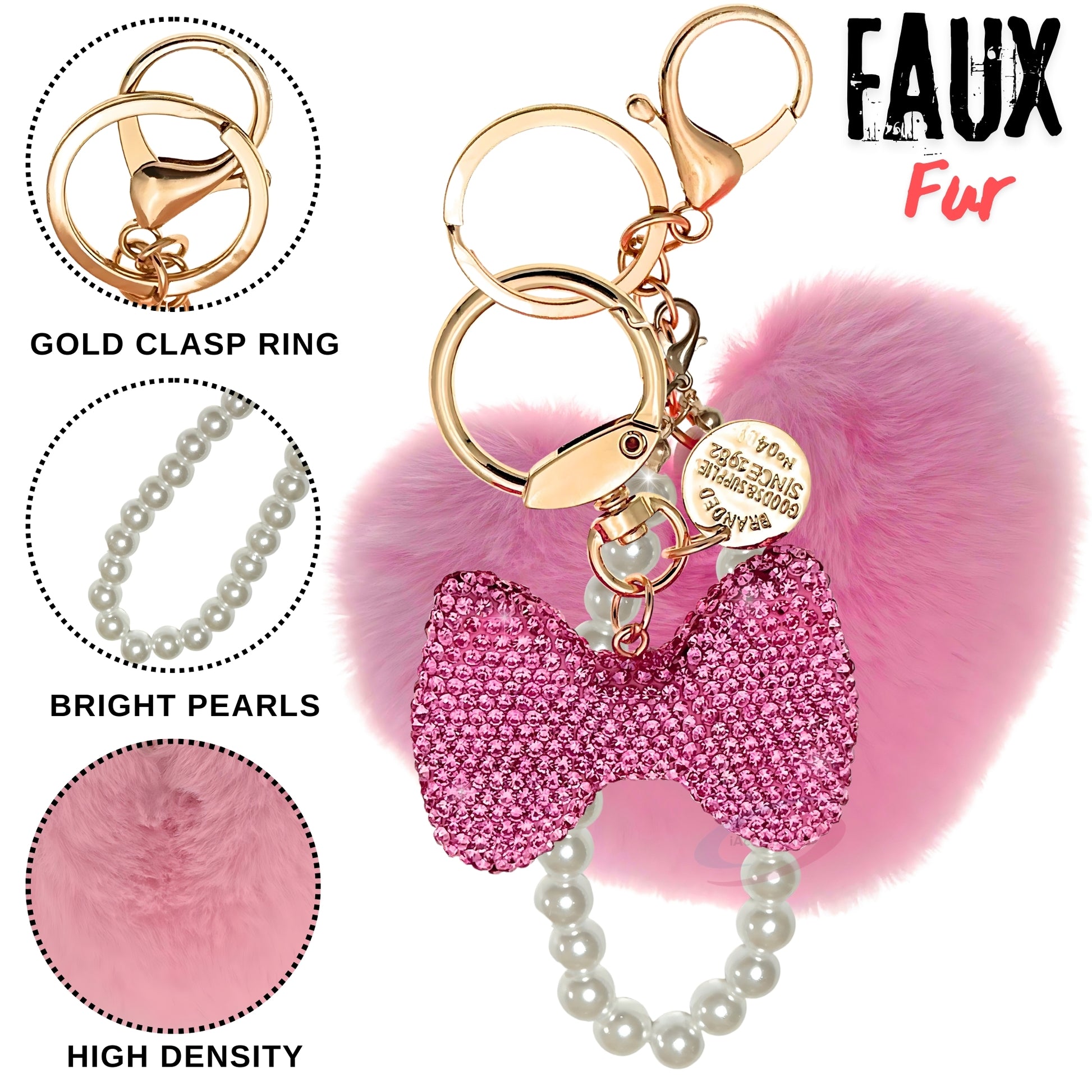 iAccessories Faux Fur Heart & Rhinestone Bow Keychain – Pink Edition - iAccessories