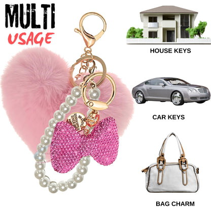 iAccessories Faux Fur Heart & Rhinestone Bow Keychain – Pink Edition - iAccessories