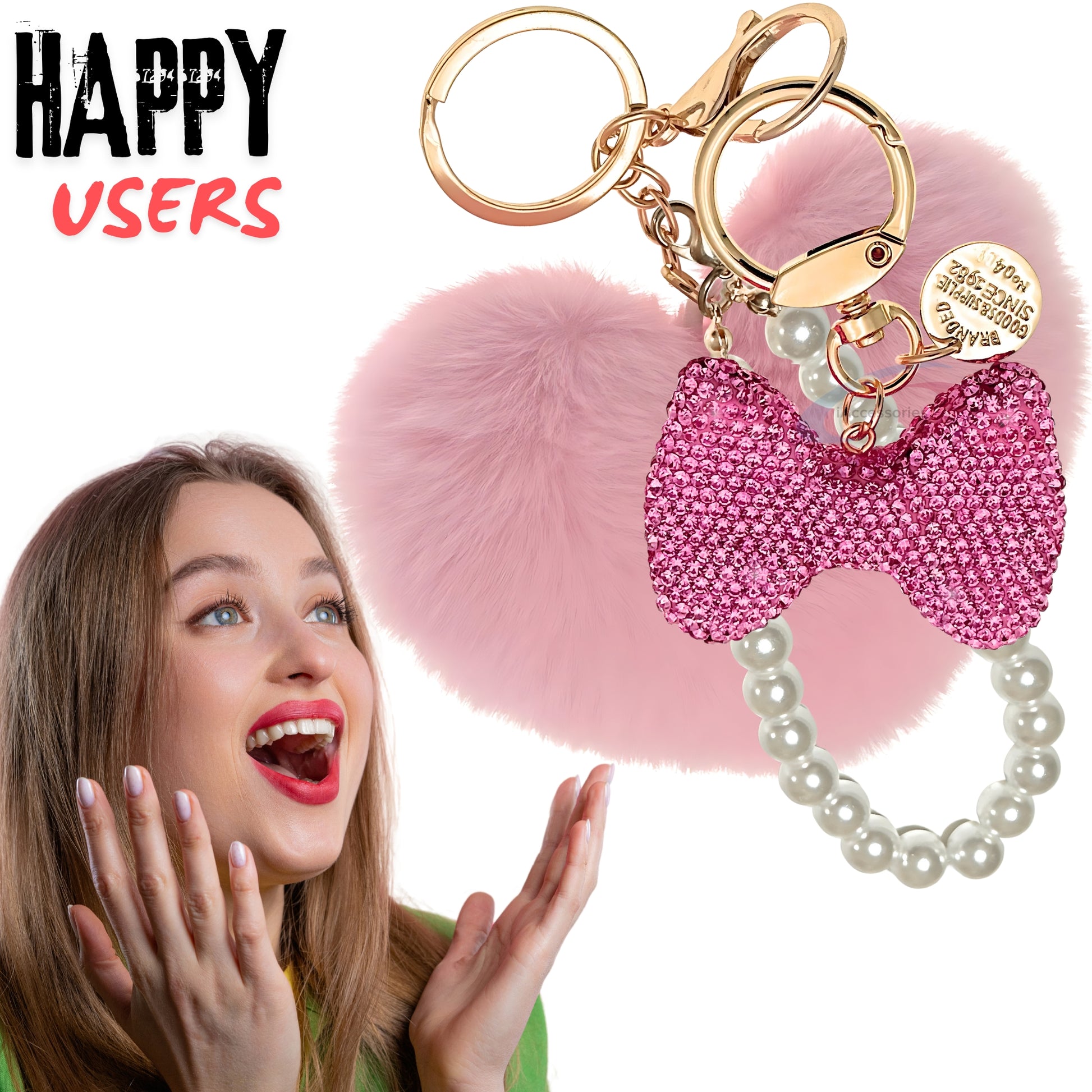 iAccessories Faux Fur Heart & Rhinestone Bow Keychain – Pink Edition - iAccessories