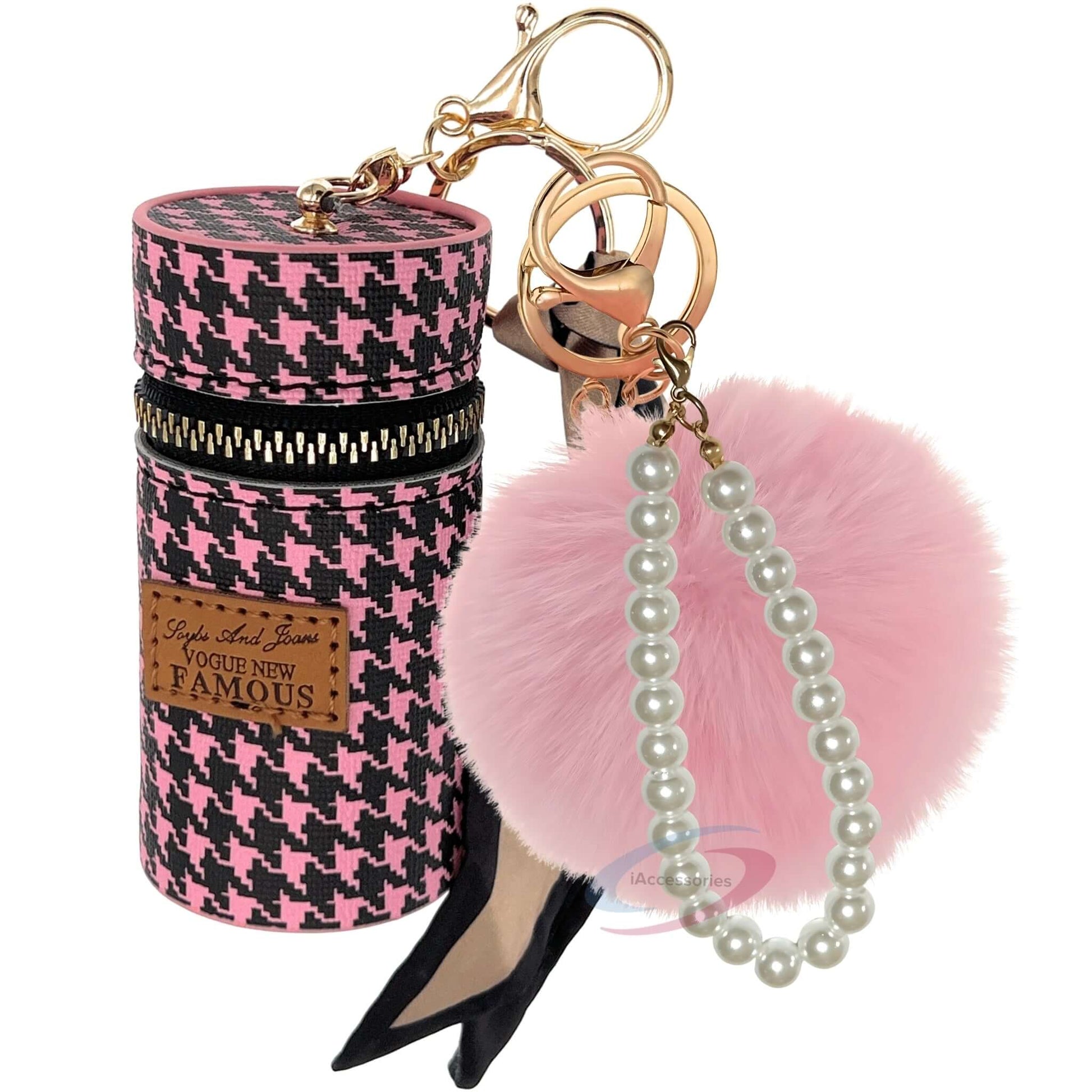 iAccessories Faux Fur Pom Pom Ball Pearl Pendant Bag Keychain Charm for Girls - Ideal for Bags, Cars, Scooty, Bikes & Home Decor - Pink - iAccessories