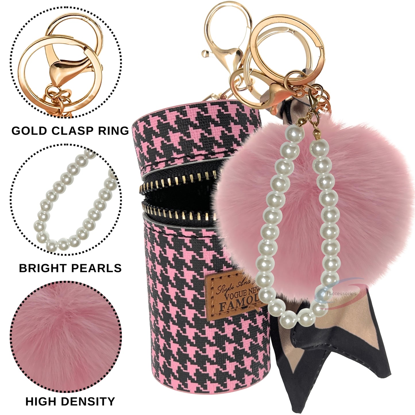 iAccessories Faux Fur Pom Pom Ball Pearl Pendant Bag Keychain Charm for Girls - Ideal for Bags, Cars, Scooty, Bikes & Home Decor - Pink - iAccessories