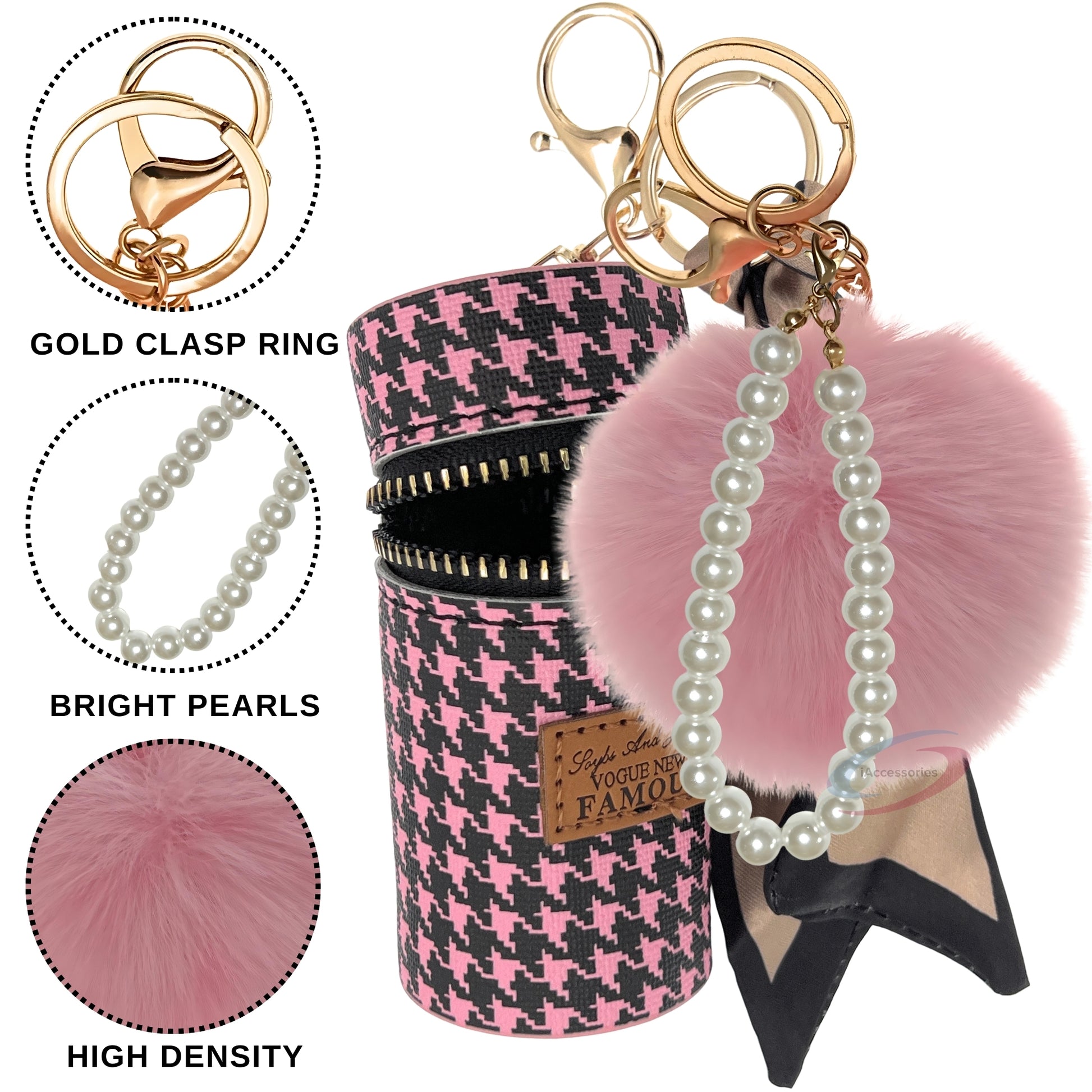 iAccessories Faux Fur Pom Pom Ball Pearl Pendant Bag Keychain Charm for Girls - Ideal for Bags, Cars, Scooty, Bikes & Home Decor - Pink - iAccessories