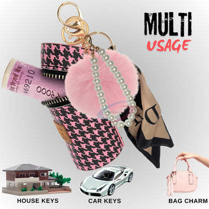 iAccessories Faux Fur Pom Pom Ball Pearl Pendant Bag Keychain Charm for Girls - Ideal for Bags, Cars, Scooty, Bikes & Home Decor - Pink - iAccessories
