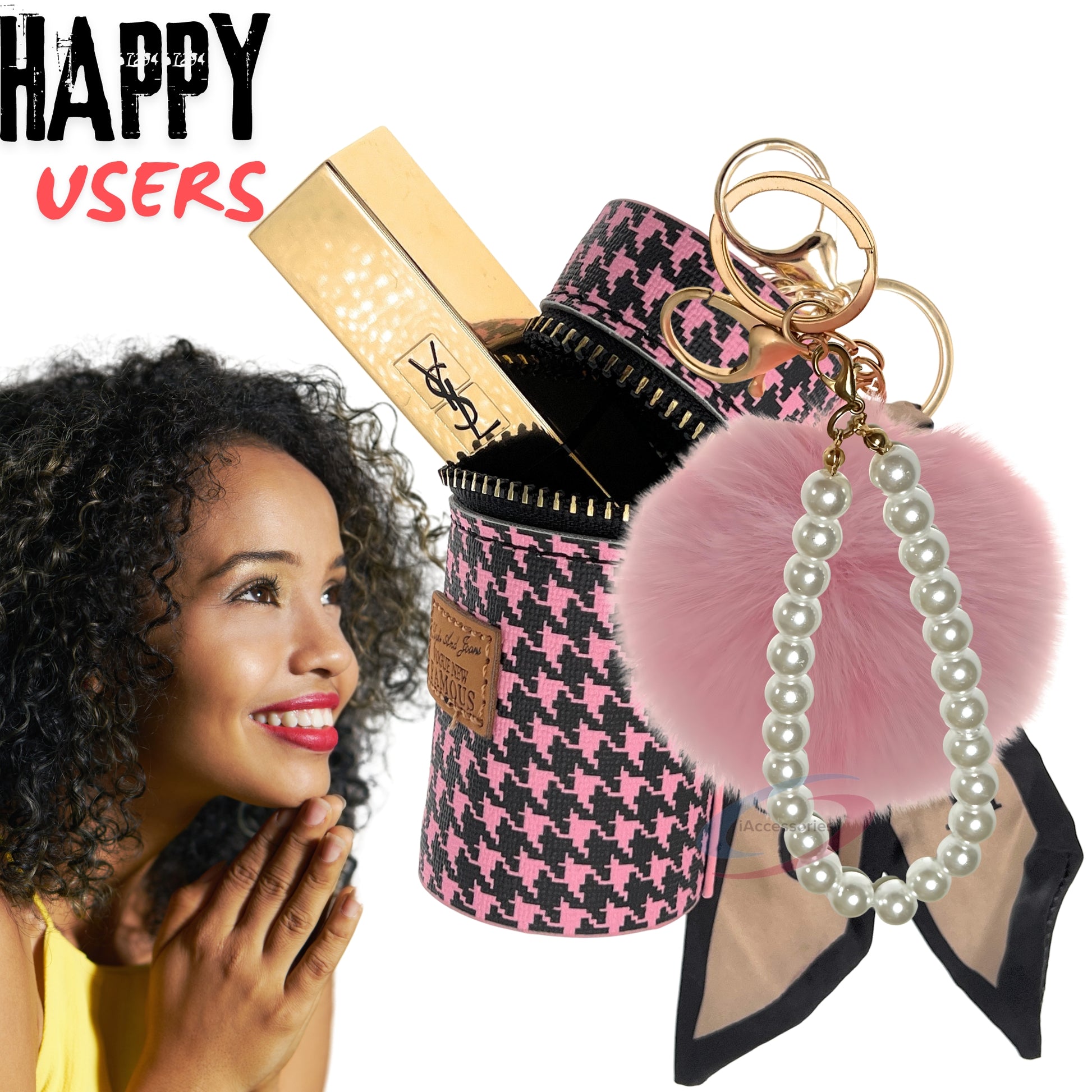 iAccessories Faux Fur Pom Pom Ball Pearl Pendant Bag Keychain Charm for Girls - Ideal for Bags, Cars, Scooty, Bikes & Home Decor - Pink - iAccessories