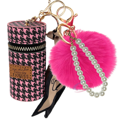 iAccessories Faux Fur Pom Pom Ball Pearl Pendant Bag Key Ring | Keychain Charm for Girls Bags, Wallets and Luggage - Pink | Hotpink