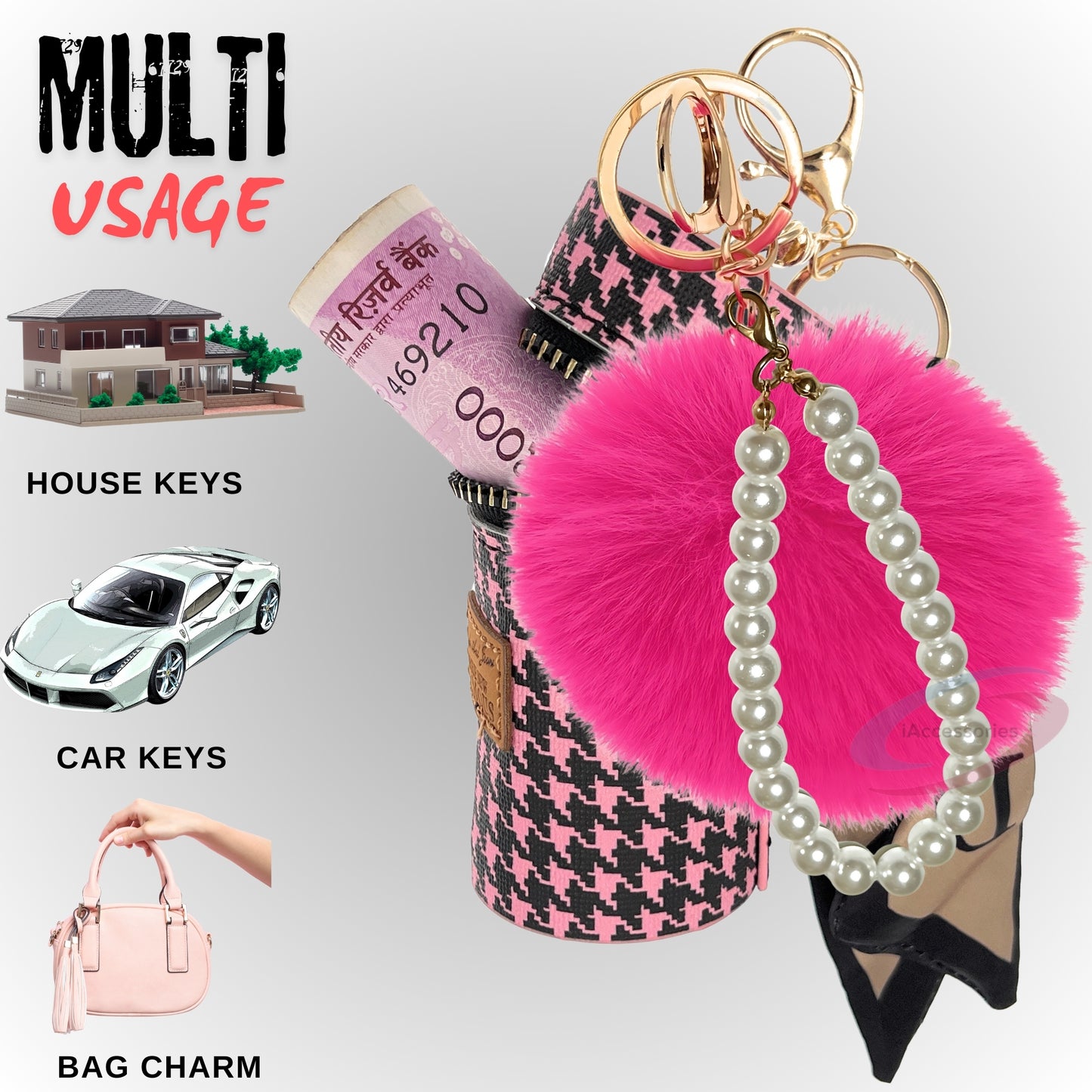 iAccessories Faux Fur Pom Pom Ball Pearl Pendant Bag Key Ring | Keychain Charm for Girls Bags, Wallets and Luggage - Pink | Hotpink