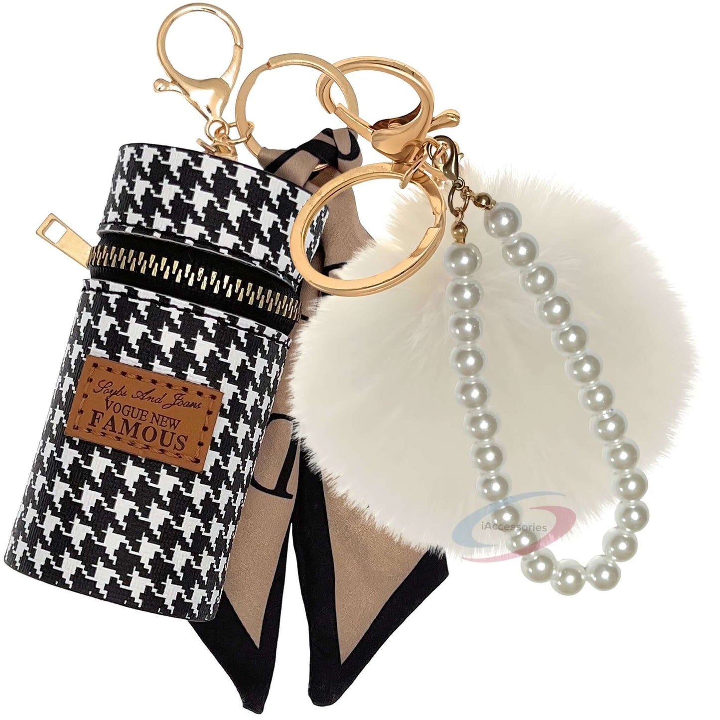 iAccessories Faux Fur Pom Pom Ball Pearl Pendant Bag Keychain Charm for Girls - Ideal for Bags, Cars, Scooty, Bikes & Home Decor - White