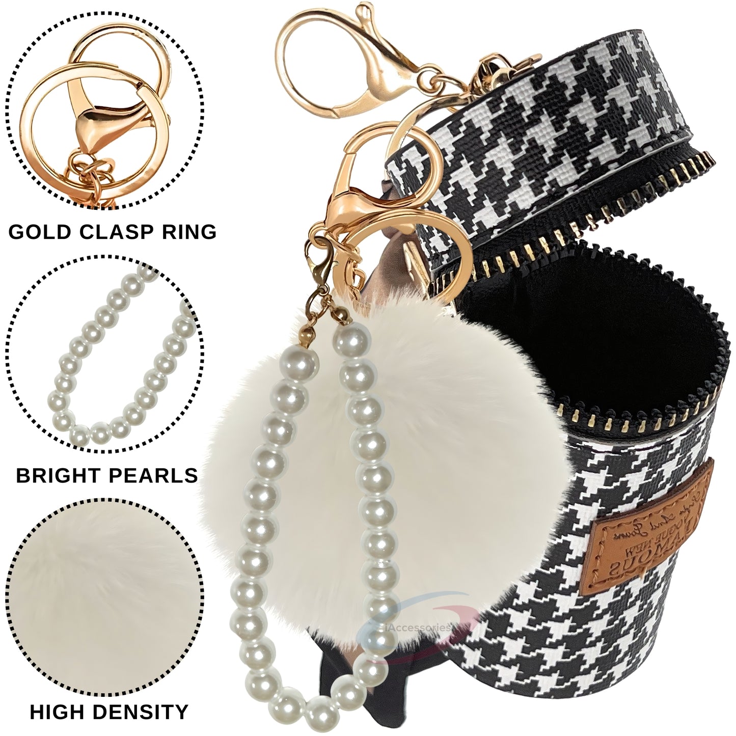 iAccessories Faux Fur Pom Pom Ball Pearl Pendant Bag Keychain Charm for Girls - Ideal for Bags, Cars, Scooty, Bikes & Home Decor - White