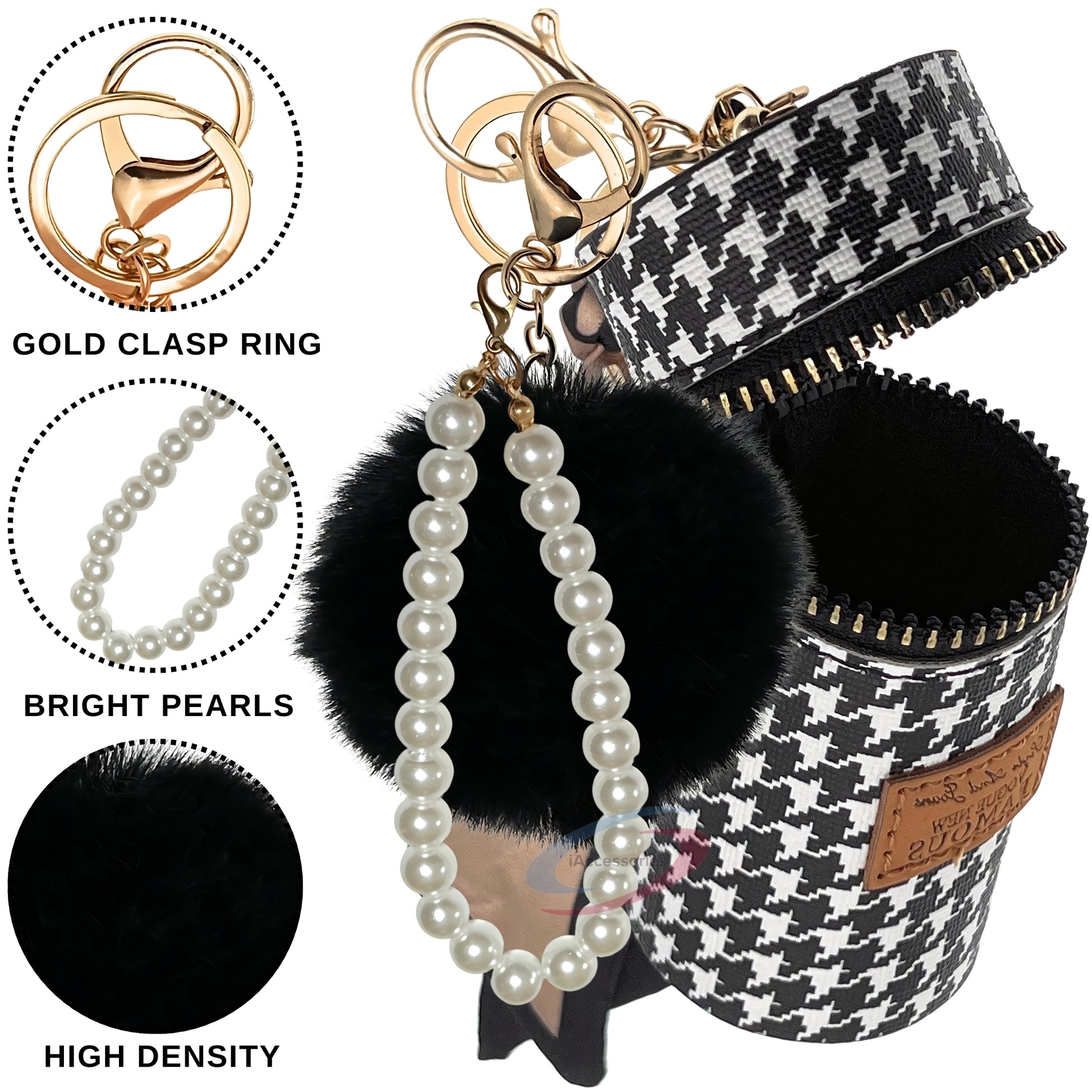 iAccessories Faux Fur Pom Pom Ball Pearl Pendant Bag Keychain Charm for Girls - Ideal for Bags, Cars, Scooty, Bikes & Home Decor - White | Black - iAccessories