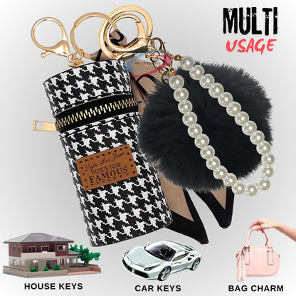 iAccessories Faux Fur Pom Pom Ball Pearl Pendant Bag Keychain Charm for Girls - Ideal for Bags, Cars, Scooty, Bikes & Home Decor - White | Black - iAccessories